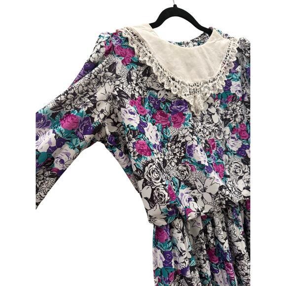 VTG 80s Floral Dress Romantic Cottagecore Lace Collar Waist 3/4 Sleeve Pullover - Picture 3 of 6